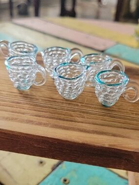 Six Miniature Clear Glass Mugs with Teal Trim